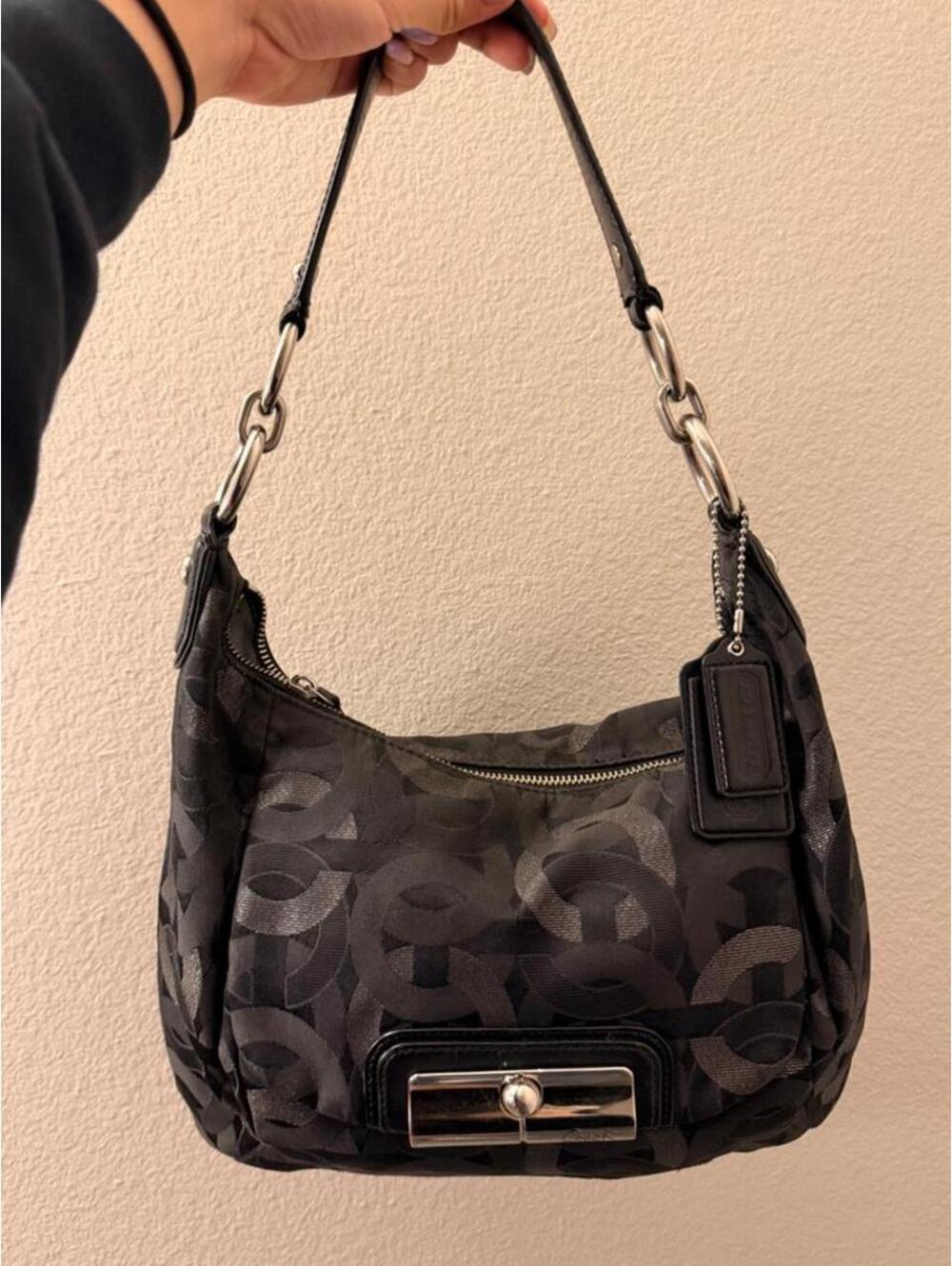 Vintage Shimmery Black Coach Kristin Op Art Chainlink Hobo Bag 2011